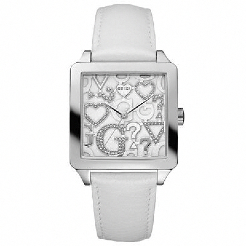 Guess Watches : U85115L1 Japanese Quartz Stainless White Dial Steel Case With White Leather Strap Women Watch