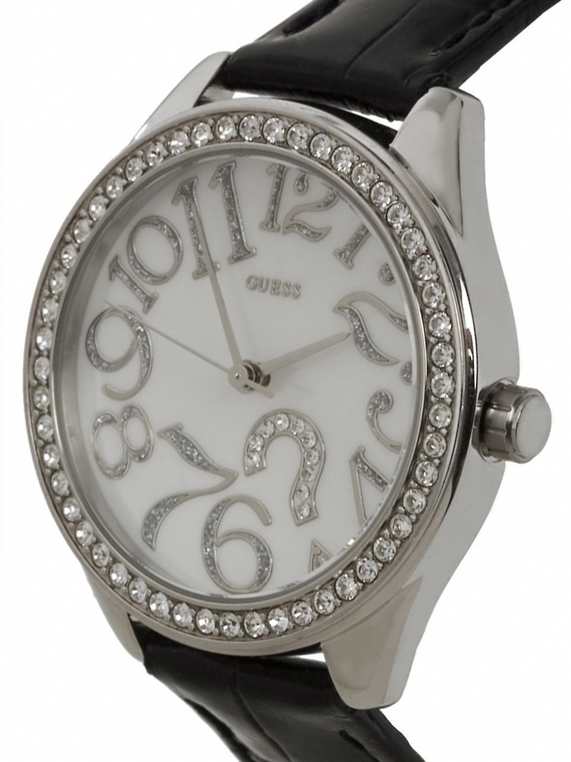 Guess Watches : U95096L1 Japanese Quartz Stainless White Dial Stainless Steel Case With Black Leather Strap Women Watch