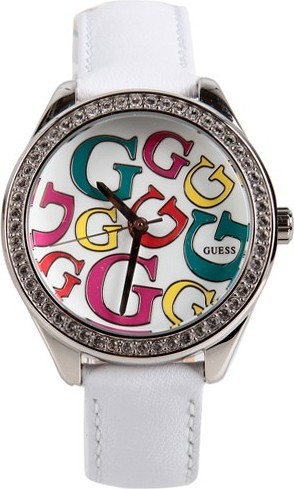 Guess Watches : U95146L1 Quartz Analog Crystal Bezel White Leather Women Watch
