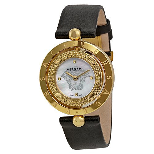 Versace Watches : V79020014 Quartz Mother of Pearl Dial Black Leather Women Watch