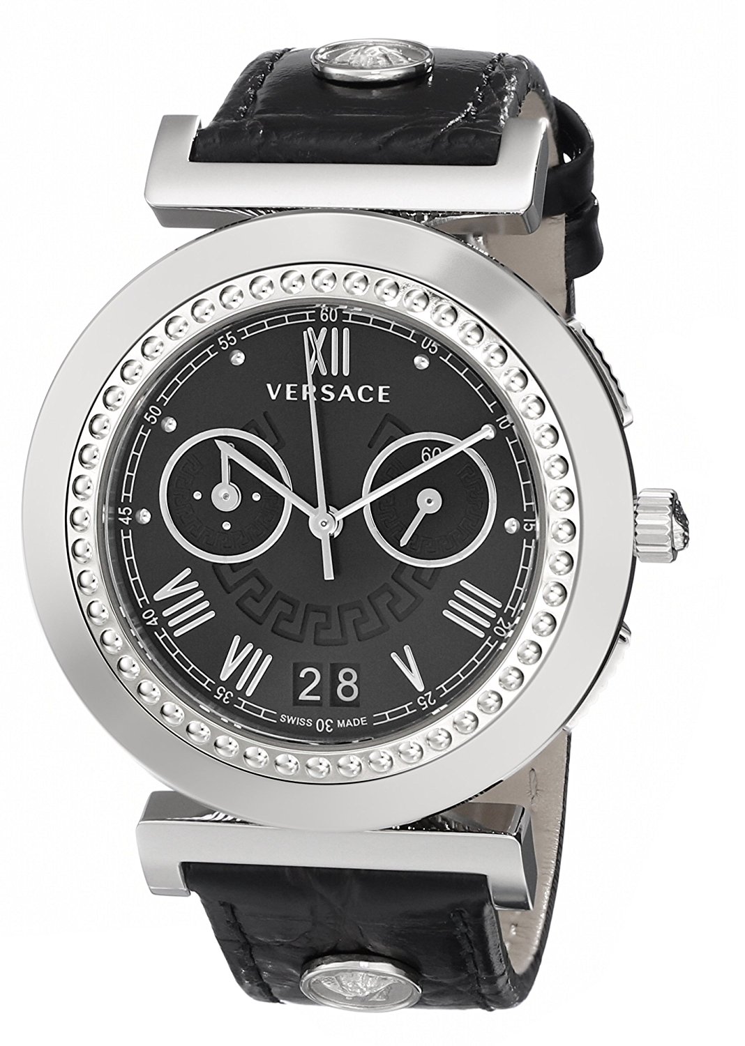 Versace Watches : VA9010013 Quartz Chronograph Date Black Leather Women Watch