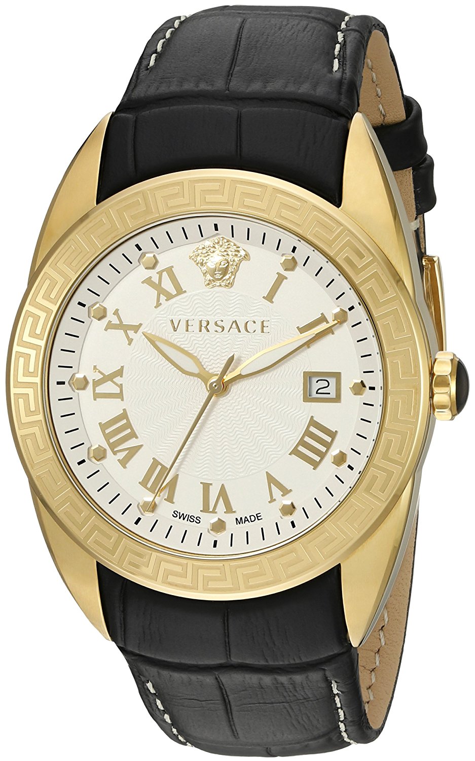 Versace Watches : VFE130015 Quartz Roman Numerals Dial Date Black Leather Men Watch