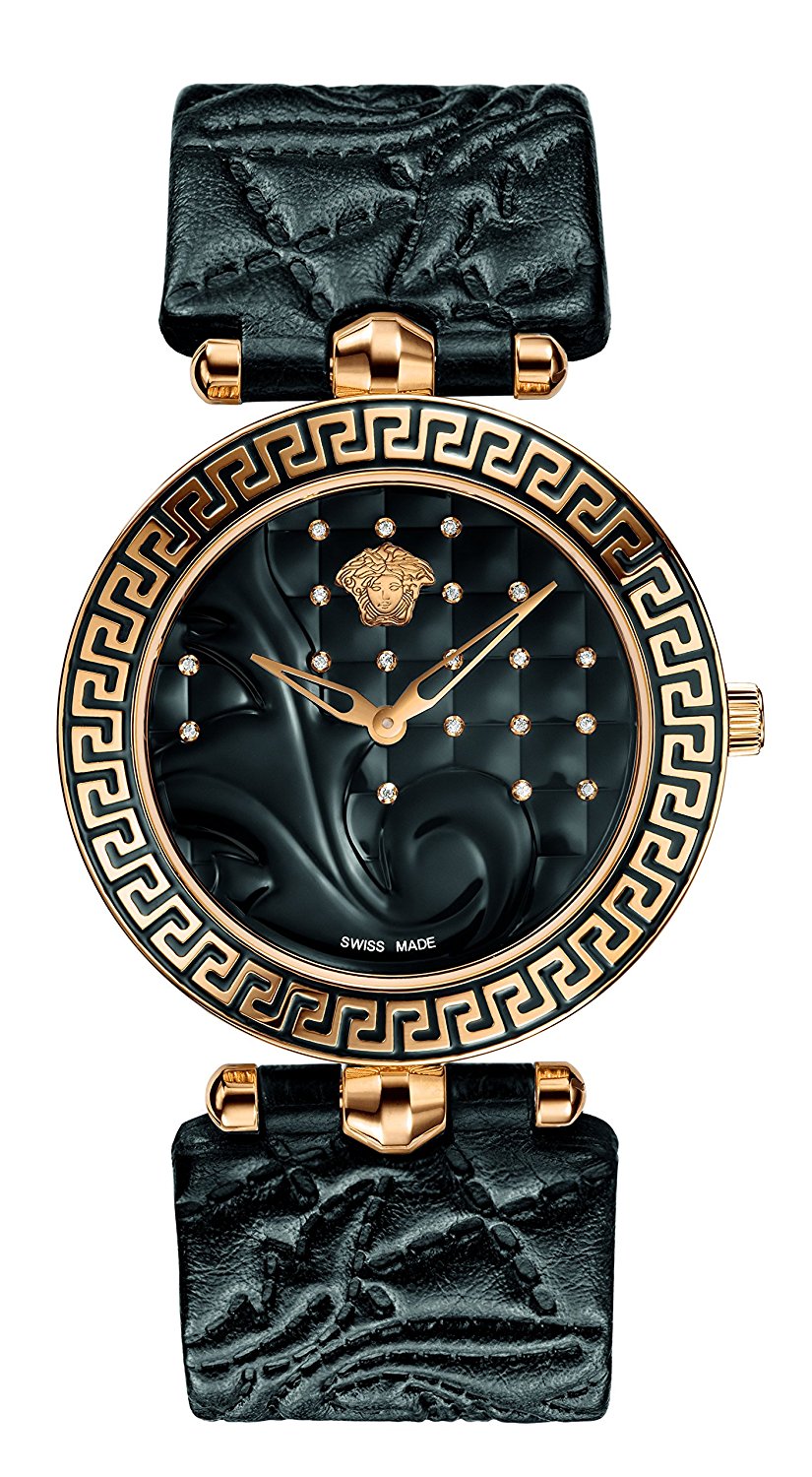 Versace Watches : VK7070013 Quartz Analog Diamond Black Leather Women Watch
