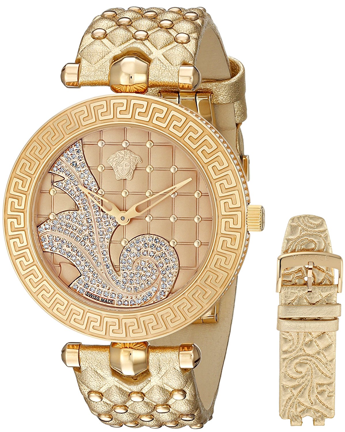 Versace Watches : VK7180014 Quartz Diamond Dial Gold Tone Leather Women Watch