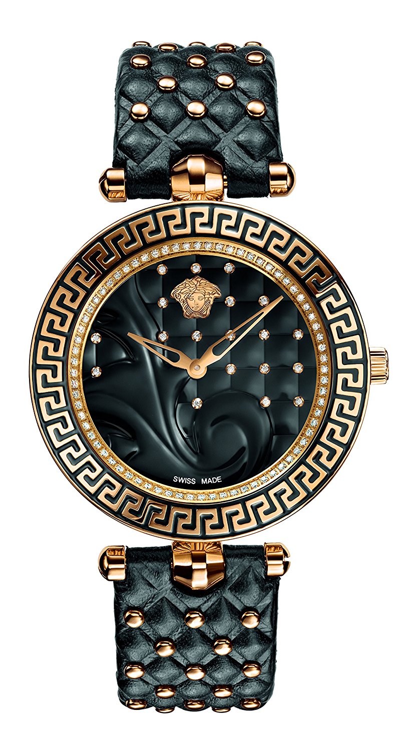 Versace Watches : VK7210014 Quartz Diamond Dial Black Leather Women Watch