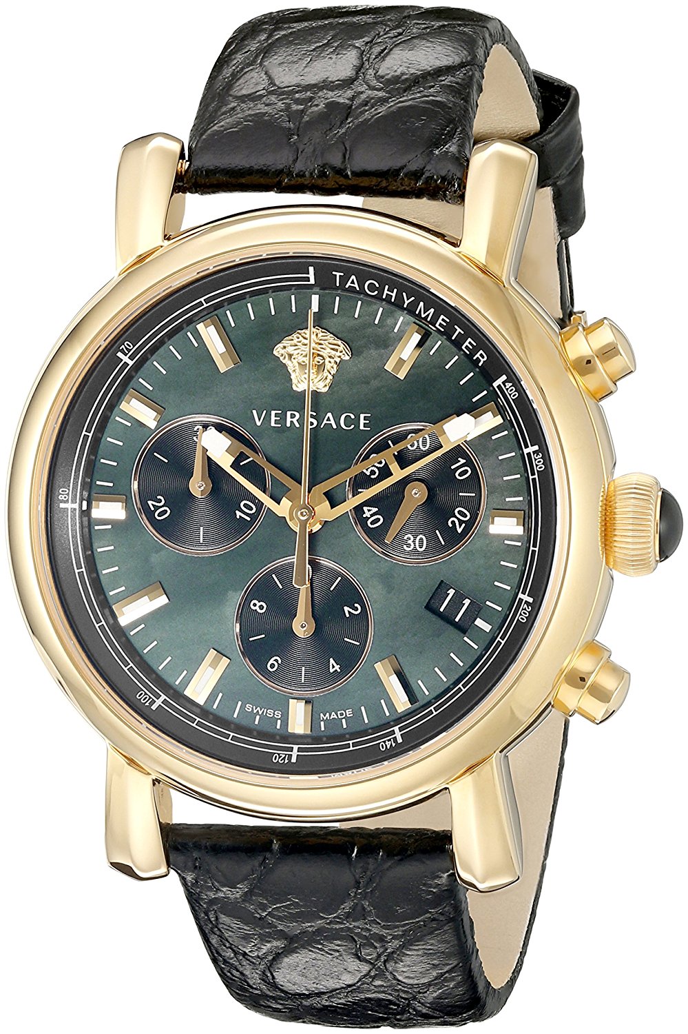 Versace Watches : VLB050014 Quartz Mother of Pearl Chronograph Date Black Leather Women Watch