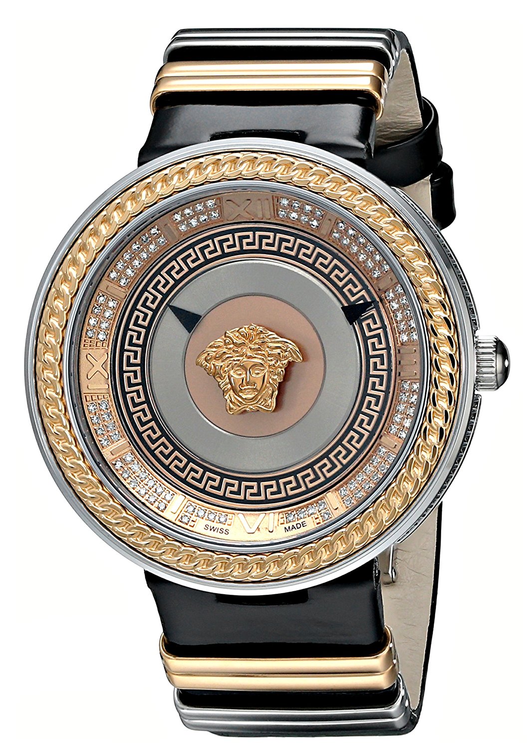 Versace Watches : VLC050014 Quartz Analong Diamond Black Leather Women Watch