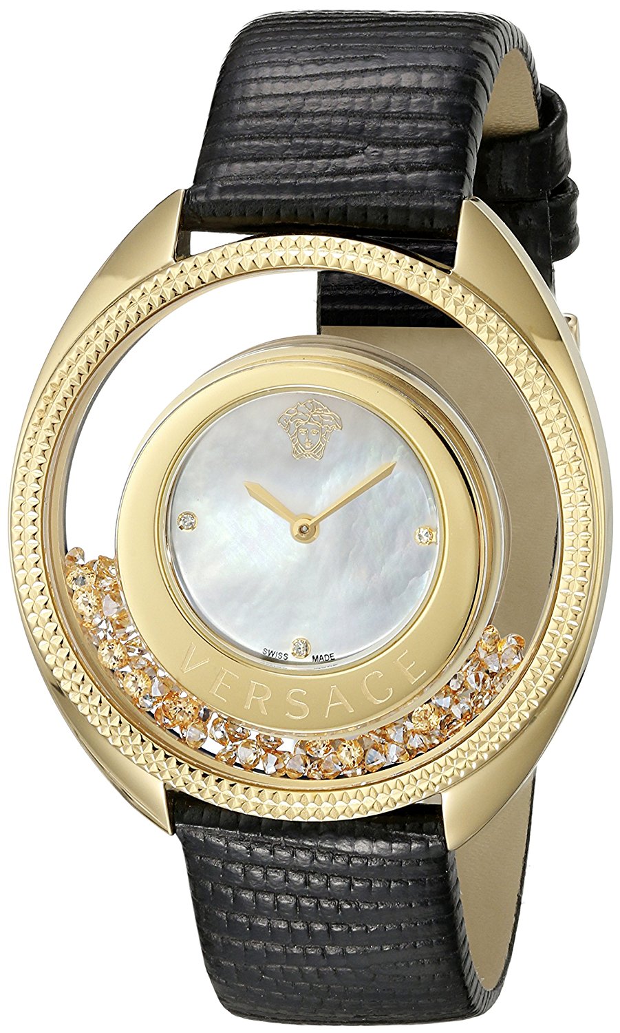 Versace Watches : VQO040015 Quartz Mother of Pearl Diamond Dial Black Leather Women Watch