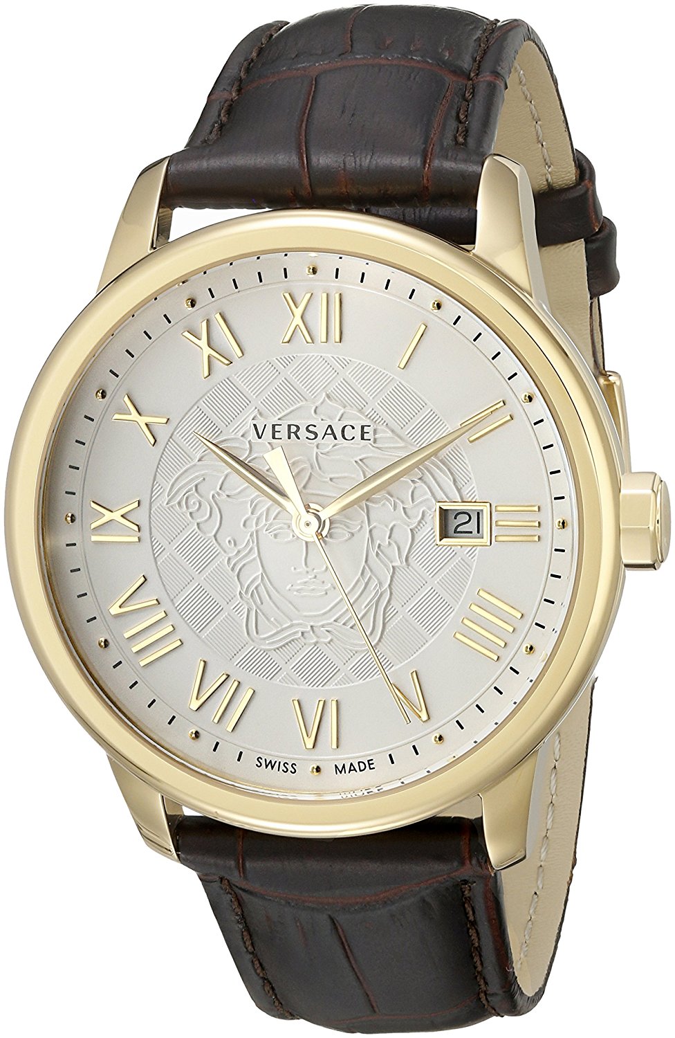 Versace Watches : VQS030015 Quartz Roman Numerals Dial Date Brown Leather Men Watch