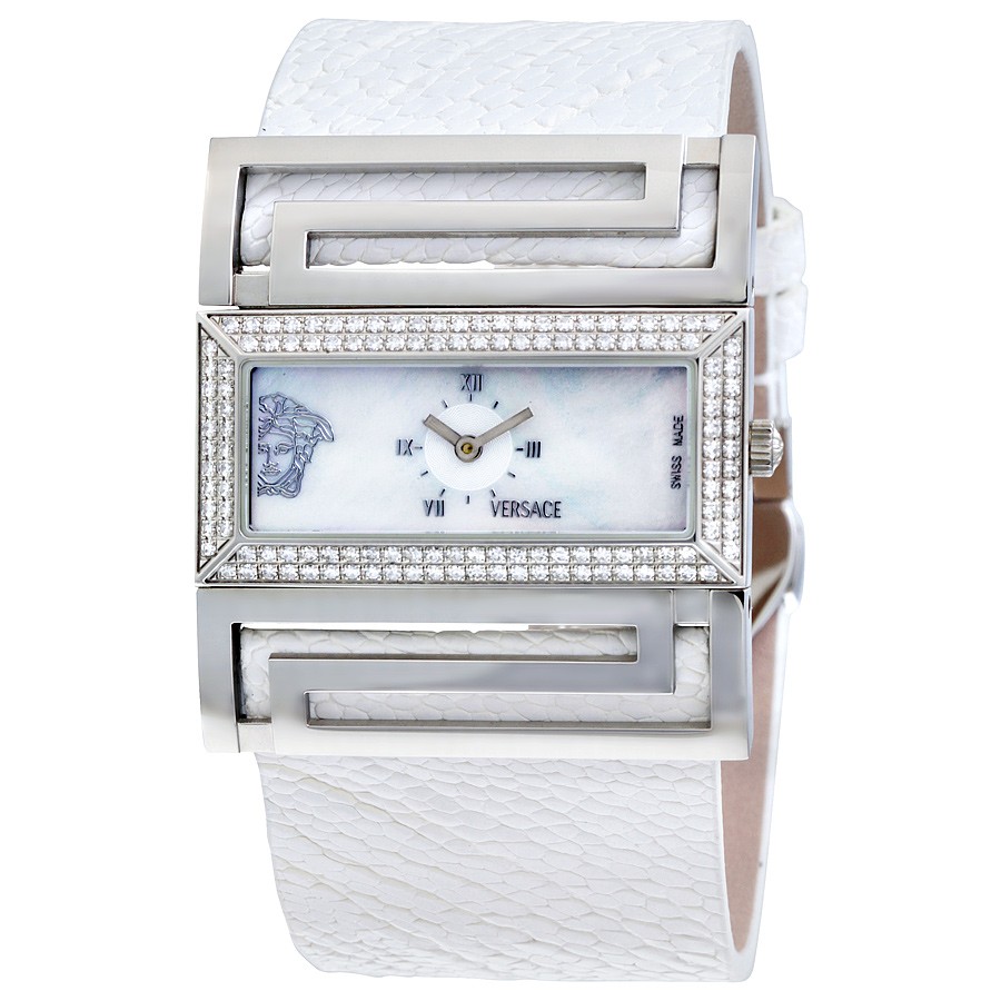 Versace Watches : VSQ91D001-S001 Quartz Mother of Pearl Dial Diamond Bezel White Leather Women Watch