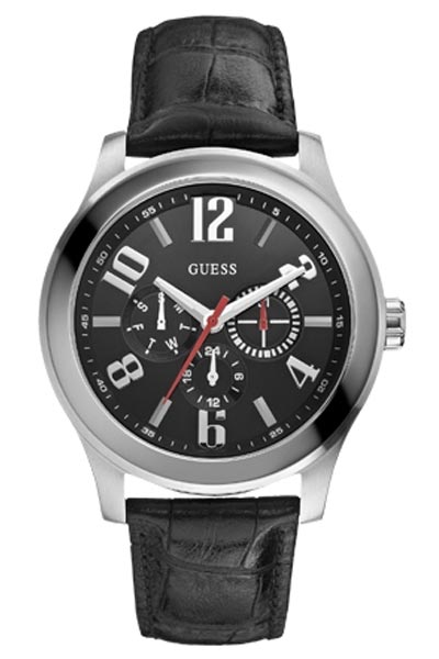 Guess Watches : W0008G1 Quartz Black Dial Stainless Steel Case With Black Leather Strap Men Watch