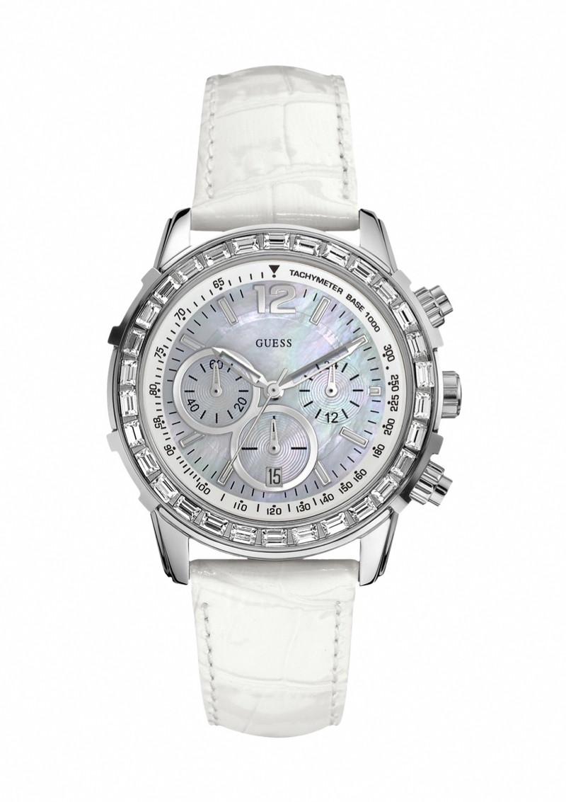 Guess Watches : W0017L1 Quartz White Mother Of Pearl Dial Staiknless Steel Case With White Leather Strap Women Watch