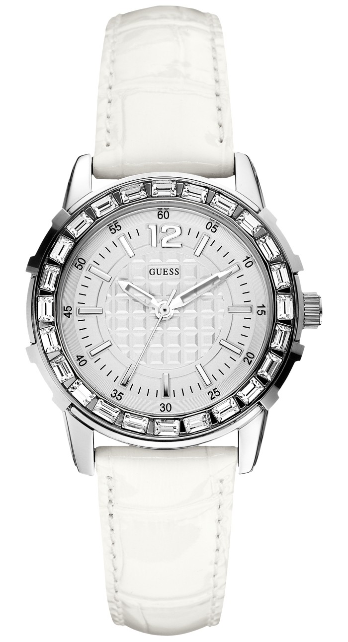 Guess Watches : W0019L1 Quartz White Dial Stainless Steel Case With White Leather Strap Women Watch