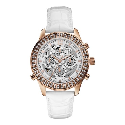 Guess Watches : W0020L1 Quartz Amused Silver Dial Rose Gold Stainless Steel Case With White Leather Strap Women Watch