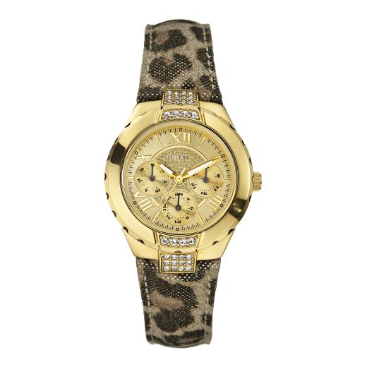 Guess Watches : W0023L1 Quartz Gold Dial, Gold Tone Stainless Case With Brown Leather Strap Women Watch