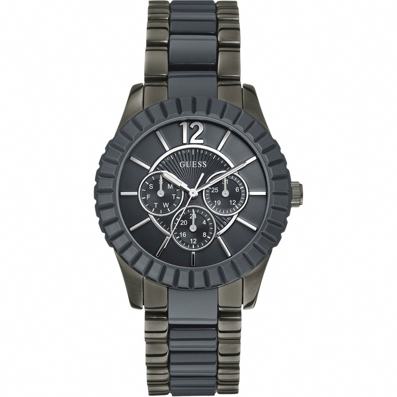 Guess Watches : W0028L1 Quartz Gray Dial Stainless Steel Case With Gray and Black Stainless Steel Bracelet Women Watch