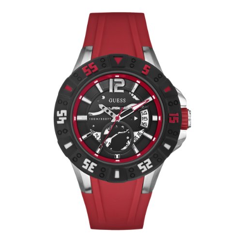 Guess Watches : W0034G1 Quartz Black Dial Stainless Steel Case WIth Red Silicone Strap Men Watch