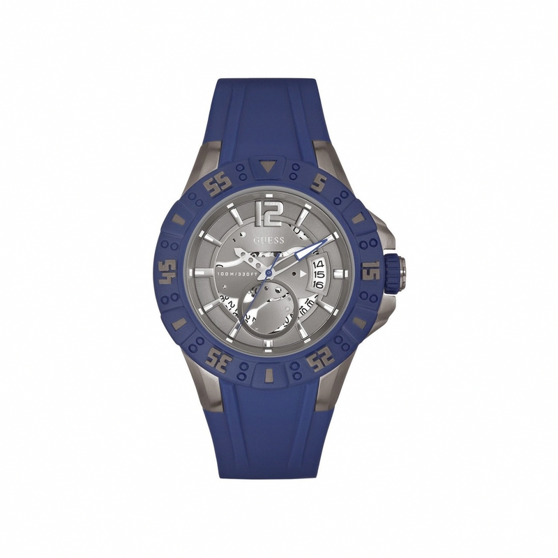 Guess Watches : W0034G6 Quartz Silver Dial Stainless Steel Case With Blue Silicone Strap Men Watch