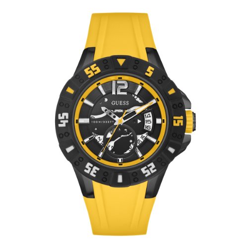 Guess Watches : W0034G7 Quartz Black Dial Stainless Steel Case With Yellow Silicone Strap Men Watch