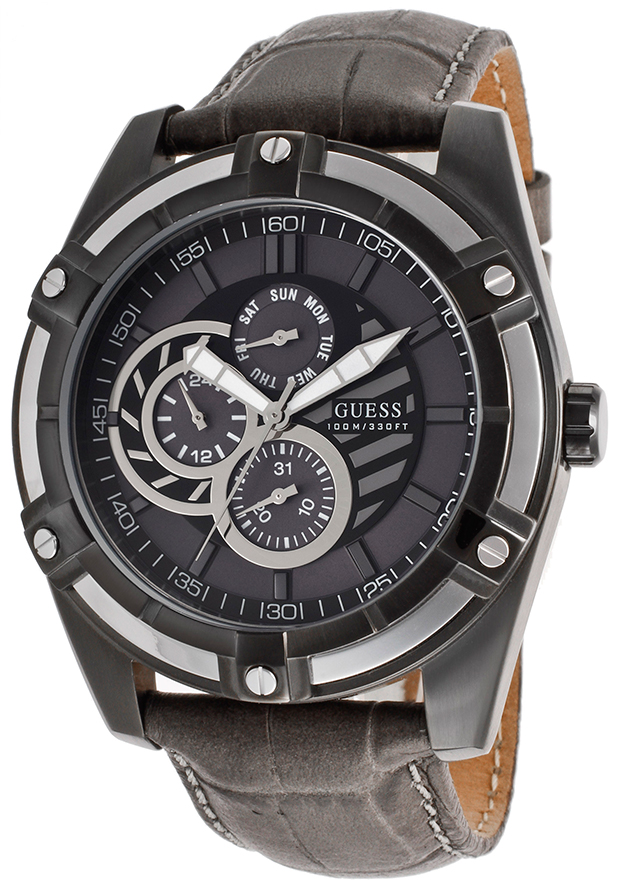 Guess Watches : W0039G2 Quartz Multifunction Dial Dark Gray Leather Men Watch