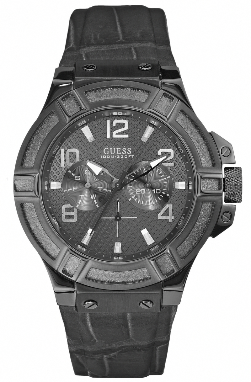 Guess Watches : W0040G1 Quartz Silver Dial Stainless Steel Case With Black Leather Strap Men Watch