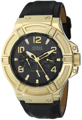 Guess Watches : W0040G4 Quartz Multifunction Dial Black Leather Men Watch