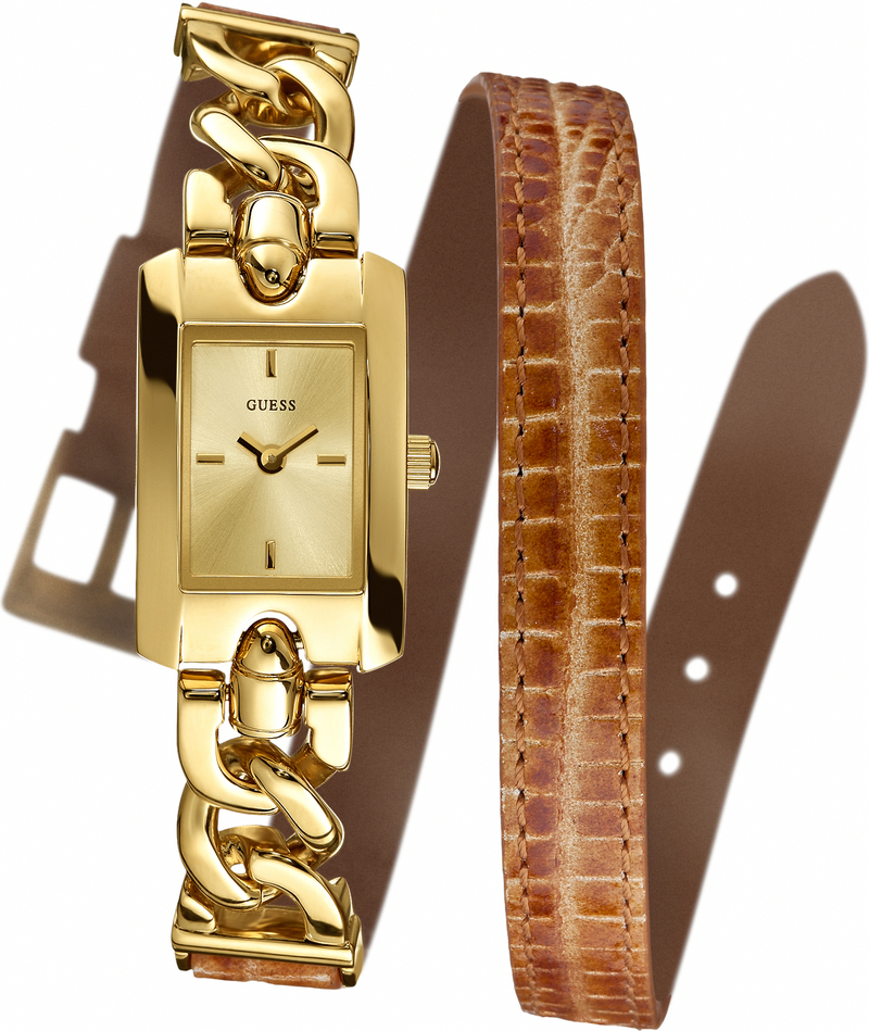 Guess Watches : W0053L6 Quartz Gold Dial And Stainless Steel Case With Brown Leather Strap Women Watch