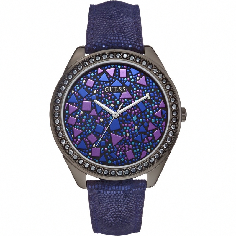 Guess Watches : W0055L2 Analogue Quartz Multicolor Dial Stainless Steel Case With Blue Leather Strap Women Watch