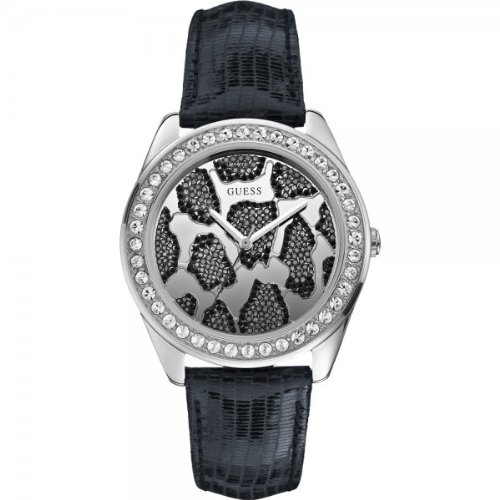 Guess Watches : W0056L1 Analogue Quartz Silver Dial Stainless Steel Case With Black Leather Strap Women Watch