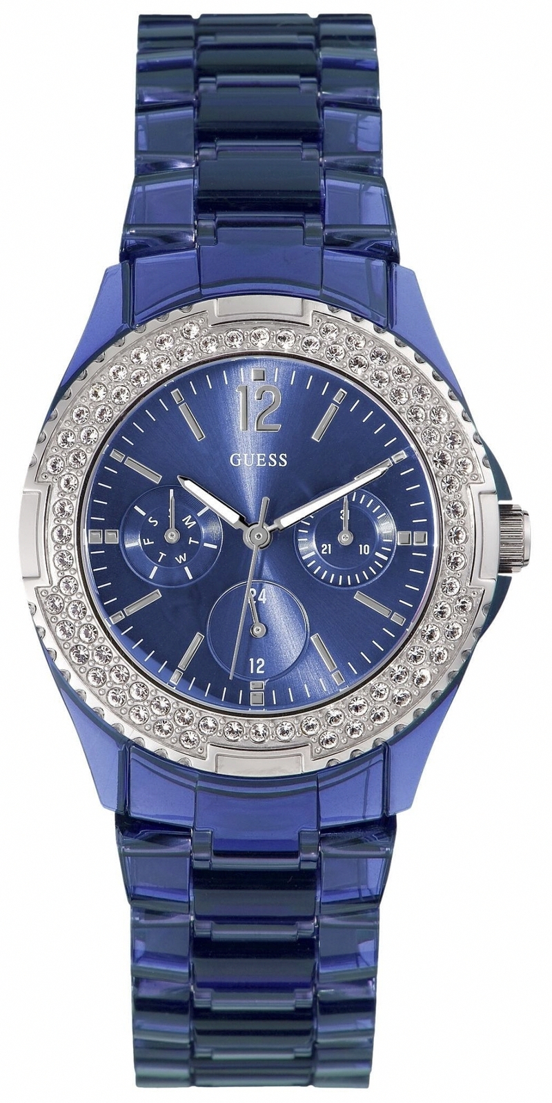 Guess Watches : W0062L1 Analogue Quartz Rock Candy Blue Dial Stainless Steel Case With Blue Stainless Steel Bracelet Women Watch