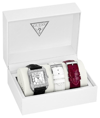 Guess Watches : W0068L1 Quartz White Dial Stainless Steel Case With Black, White And Red Leather Strap Box Set Women Watch