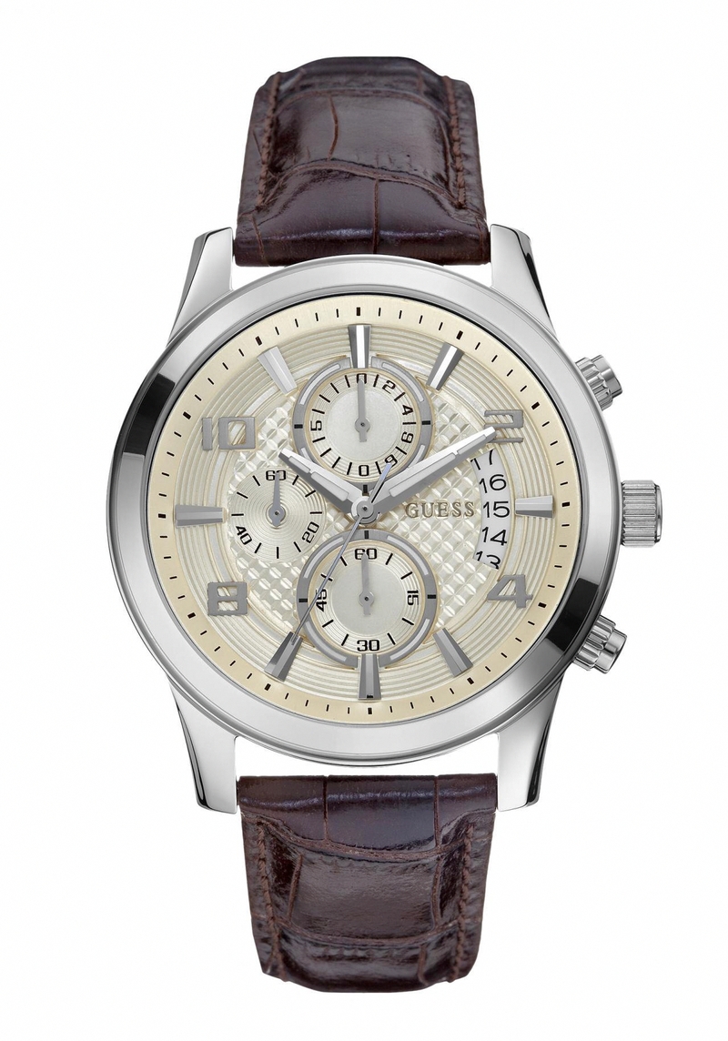Guess Watches : W0076G2 Quartz Beige Dial Stainless Steel Case With Brown Leather Strap Men Watch