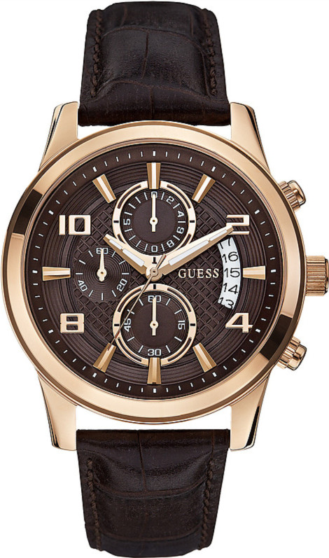Guess Watches : W0076G4 Quartz Chronograph Date Brown Leather Strap Men Watch