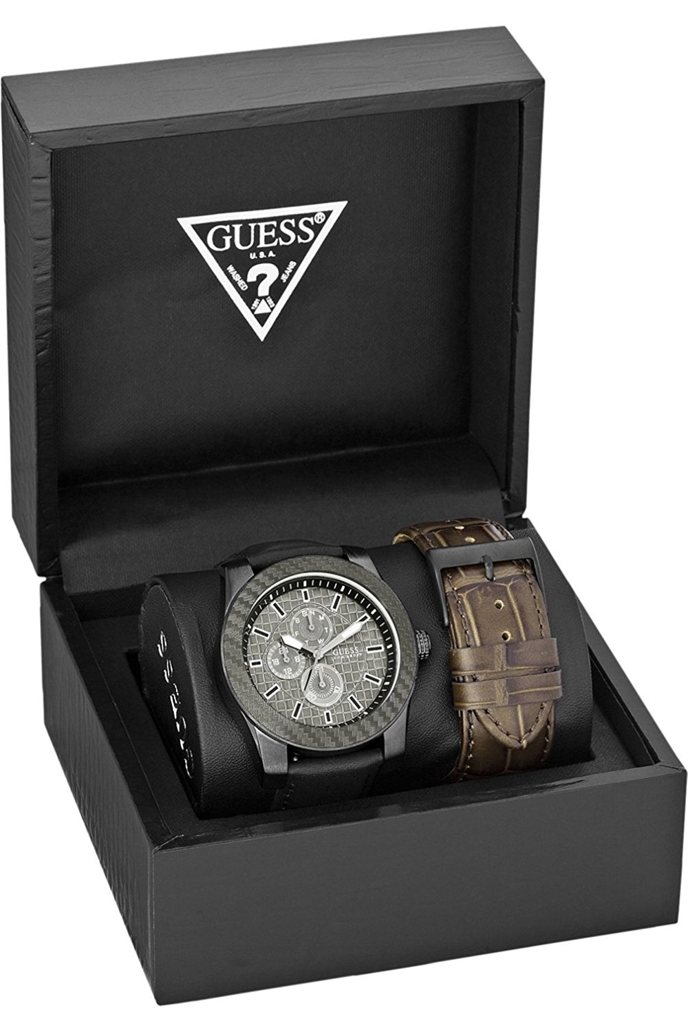 Guess Watches : W0079G2 Black Dial Leather Band Men Watch