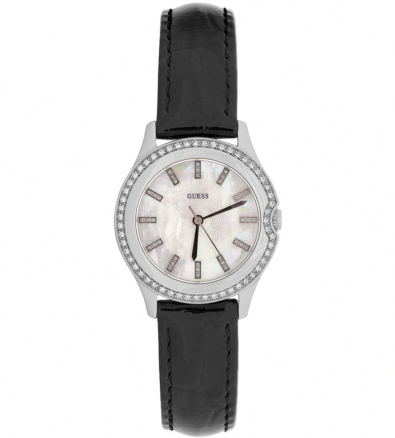 Guess Watches : W0109L1 Quartz White Dial Stainless Steel Case With Black Leather Strap Men Watch