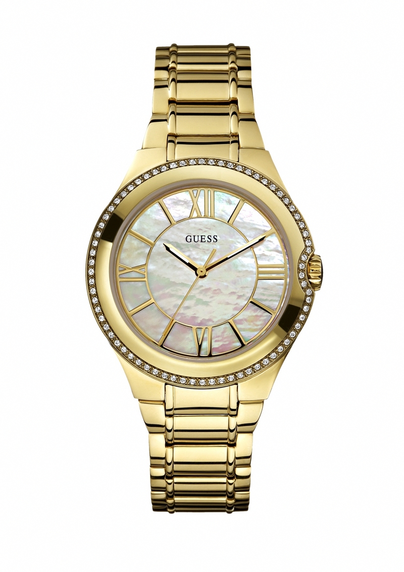 Guess Watches : W0112L1 Quartz White Mother Of Pearl Dial Gold Case With Gold And Stainless Steel Bracelet Women Watch