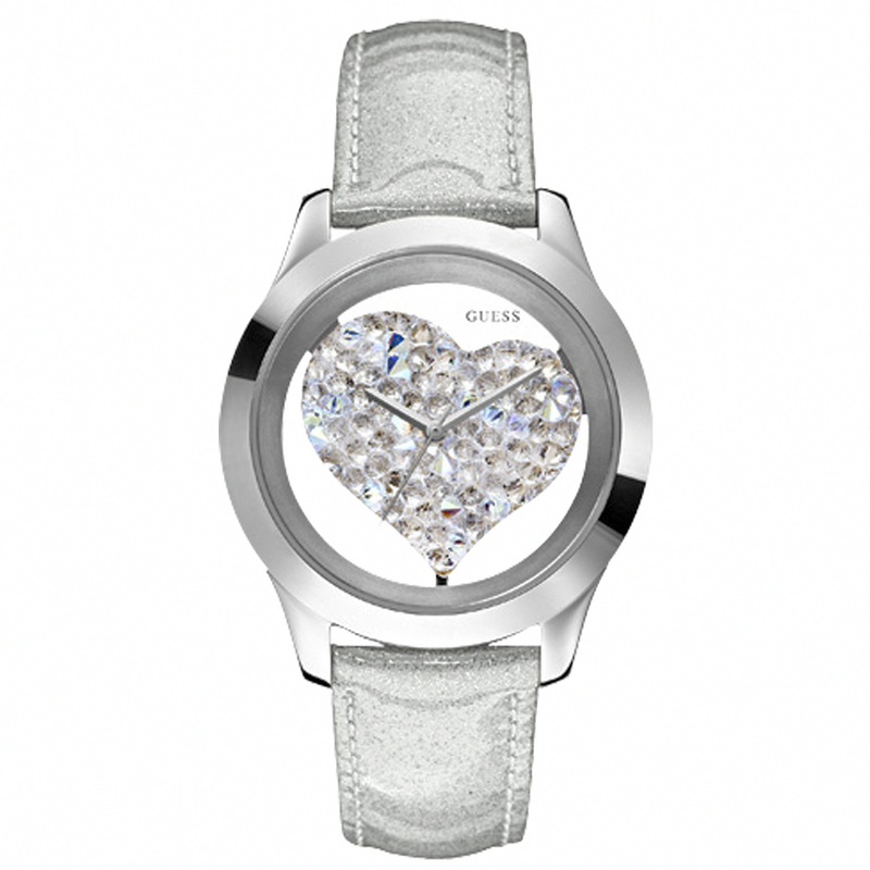 Guess Watches : W0113L1 Quartz White Dial Stainless Steel Case With White Leather Strap Women Watch