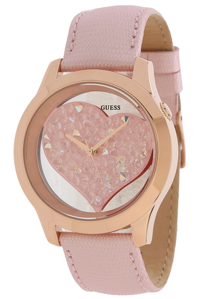 Guess Watches : W0113L5 Quartz Heart Shaped Crystal Dial Pink Leather Women Watch