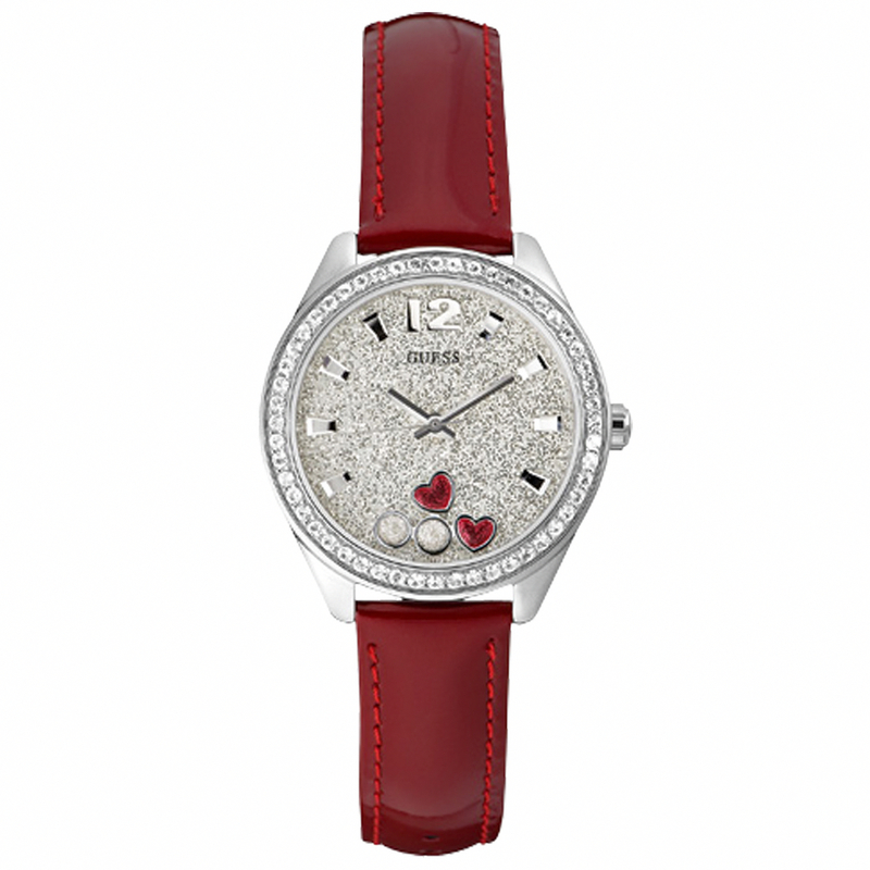 Guess Watches : W0117L2 Quartz Silver Dial Stainless Steel Case With Red Leather Strap Women Watch