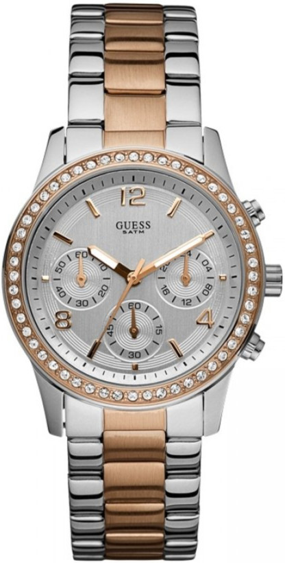 Guess Watches : W0122L1 Quartz Chronograph Crystal Bezel Silver Dial Stainless Steel Women Watch