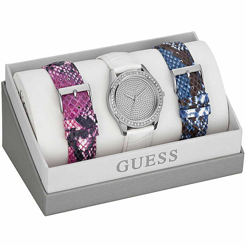 Guess Watches : W0164L1 Quartz White Dial Stainless Steel Case With Red Leather Strap Women Watch