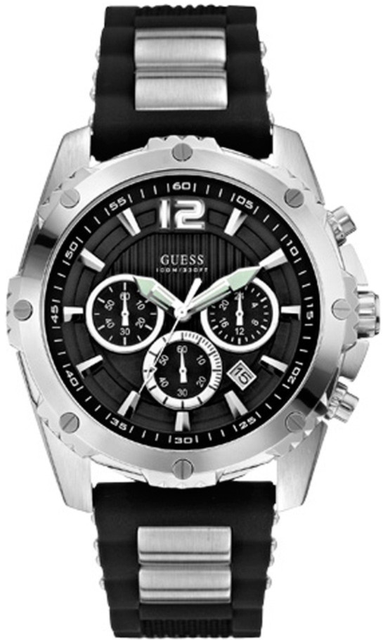 Guess Watches : W0167G1 Quartz Chronograph Date Black Silicone Strap Men Watch