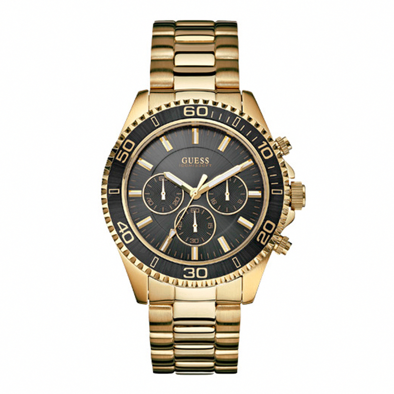 Guess Watches : W0170G2 Quartz Black Dial Gold Tone Stainless Steel Case And Bracelet Men Watch