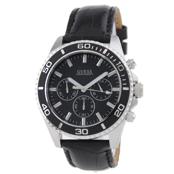 Guess Watches : W0171G1 Quartz Silver Dial Stainless Steel Case With Black Leather Strap Men Watch