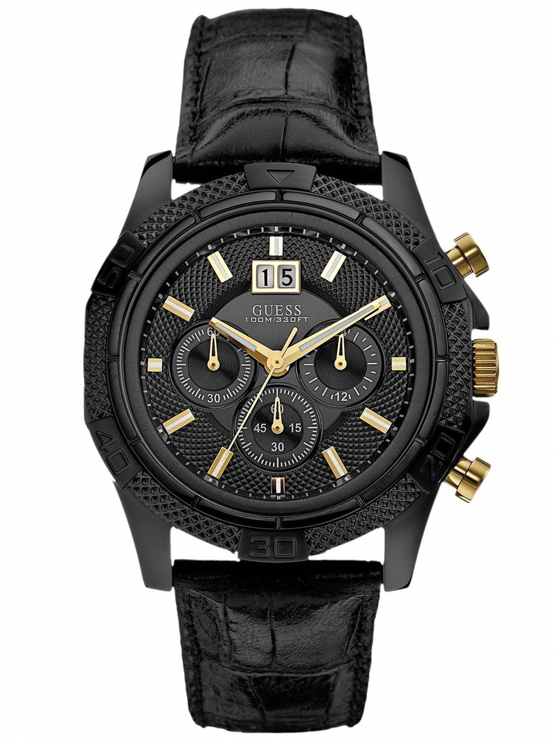 Guess Watches : W0176G1 Quartz Black Dial Stainless Steel Case With Black Leather Strap Men Watch