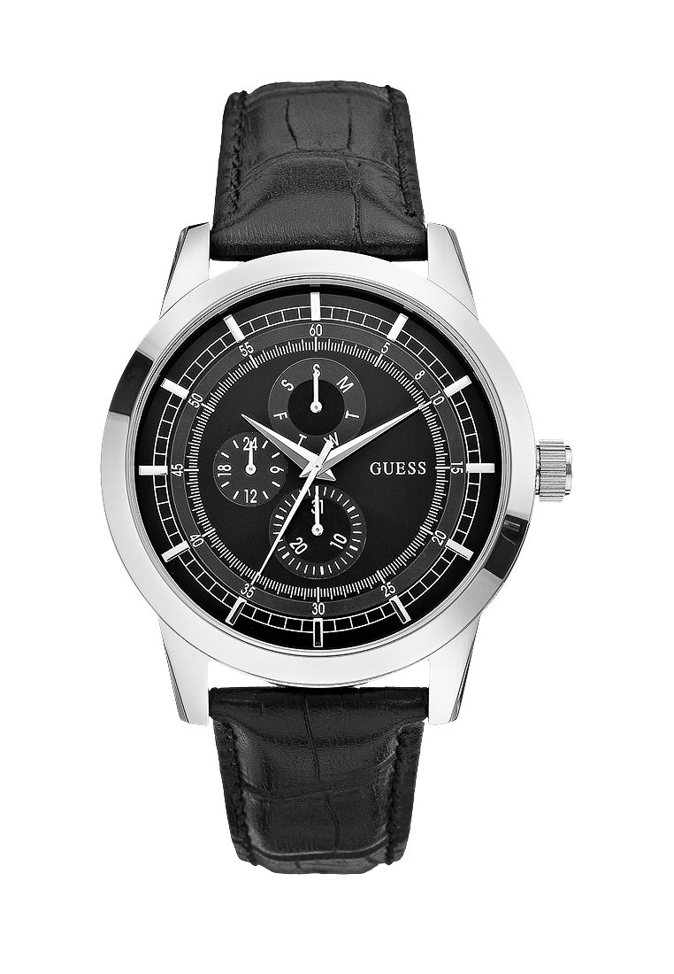Guess Watches : W0187G1 Quartz Black Dial Stainless Steel Case With Black Leather Strap Men Watch
