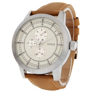 Guess Watches : W0187G2 Quartz Beige Dial Stainless Steel Case With Beige Leather Strap Men Watch