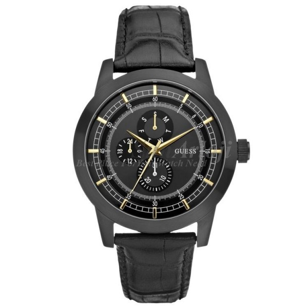Guess Watches : W0187G3 Quartz Black Dial Stainless Steel Case With Black Leather Strap Men Watch