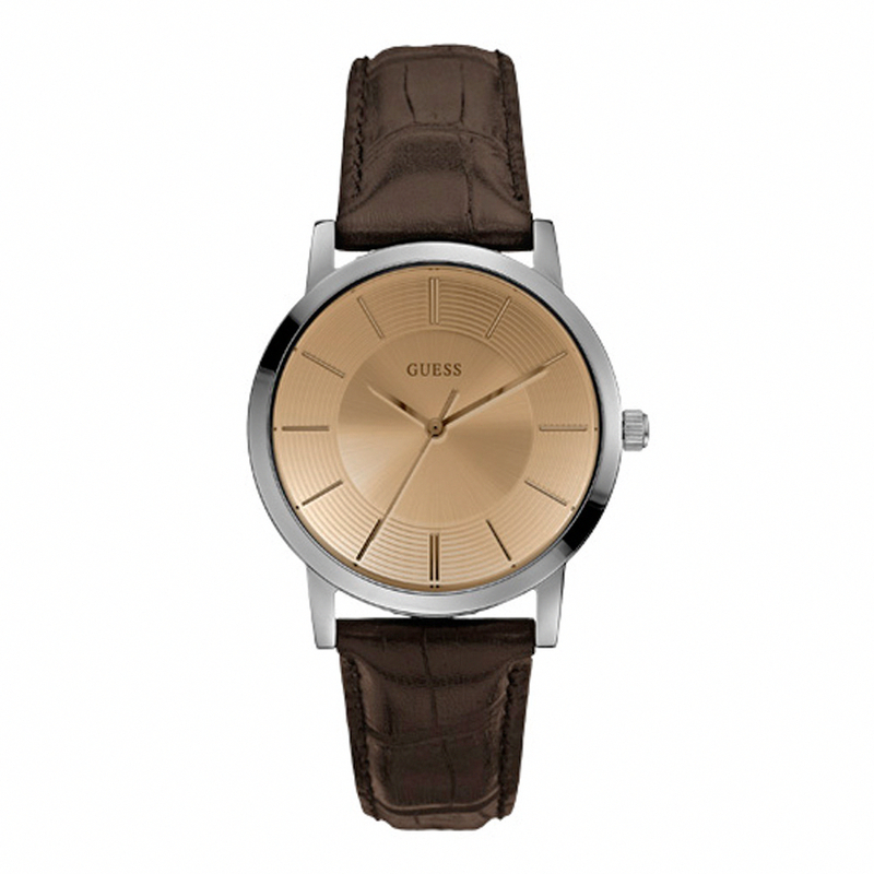 Guess Watches : W0191G2 Quartz Light Brown Dial Stainless Steel Case With Black Leather Strap Men Watch