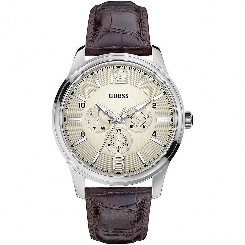Guess Watches : W0294G1 Quartz Multifunction Dial Brown Leather Men Watch